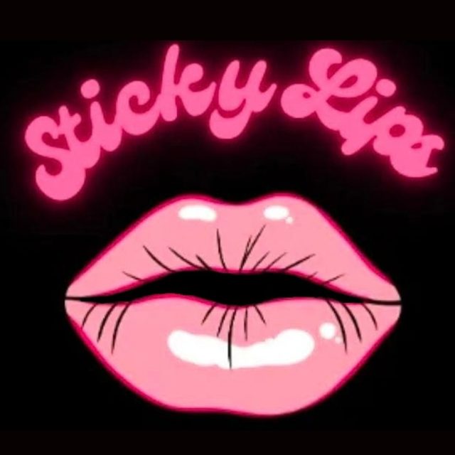 Sticky Lips logo: neon pink script over glossy pink lips